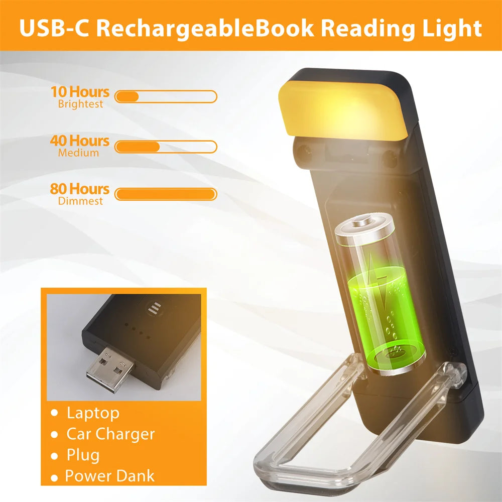 Clip-on Book Light, USB Rechargeable Reading Light with Timer, Portable LED Bookmark Light for Bedside & Desk - White