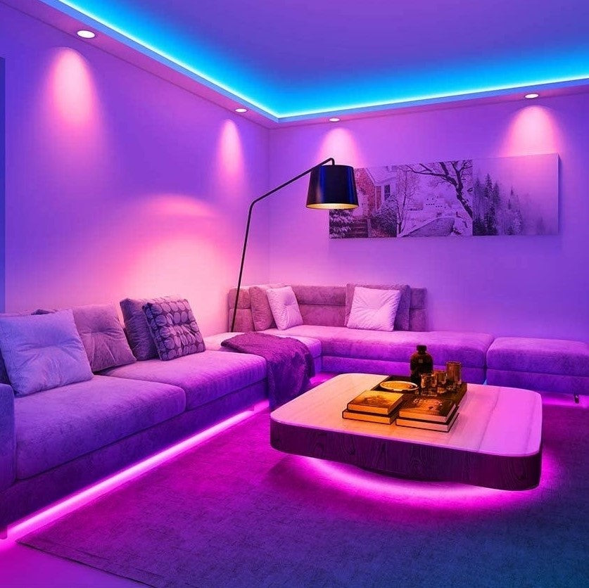 RGB LED strip lights with customizable colors, remote control, and easy installation for home decor.