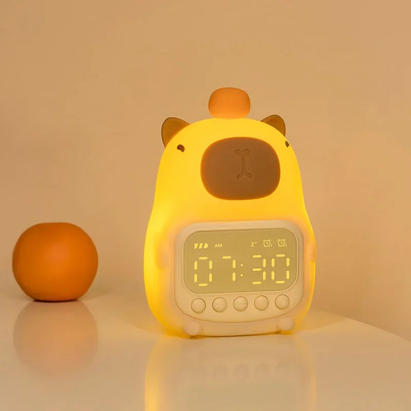 Cute capybara night light with digital alarm clock, touch snooze, and adjustable brightness, perfect for kids' rooms or as a unique gift.