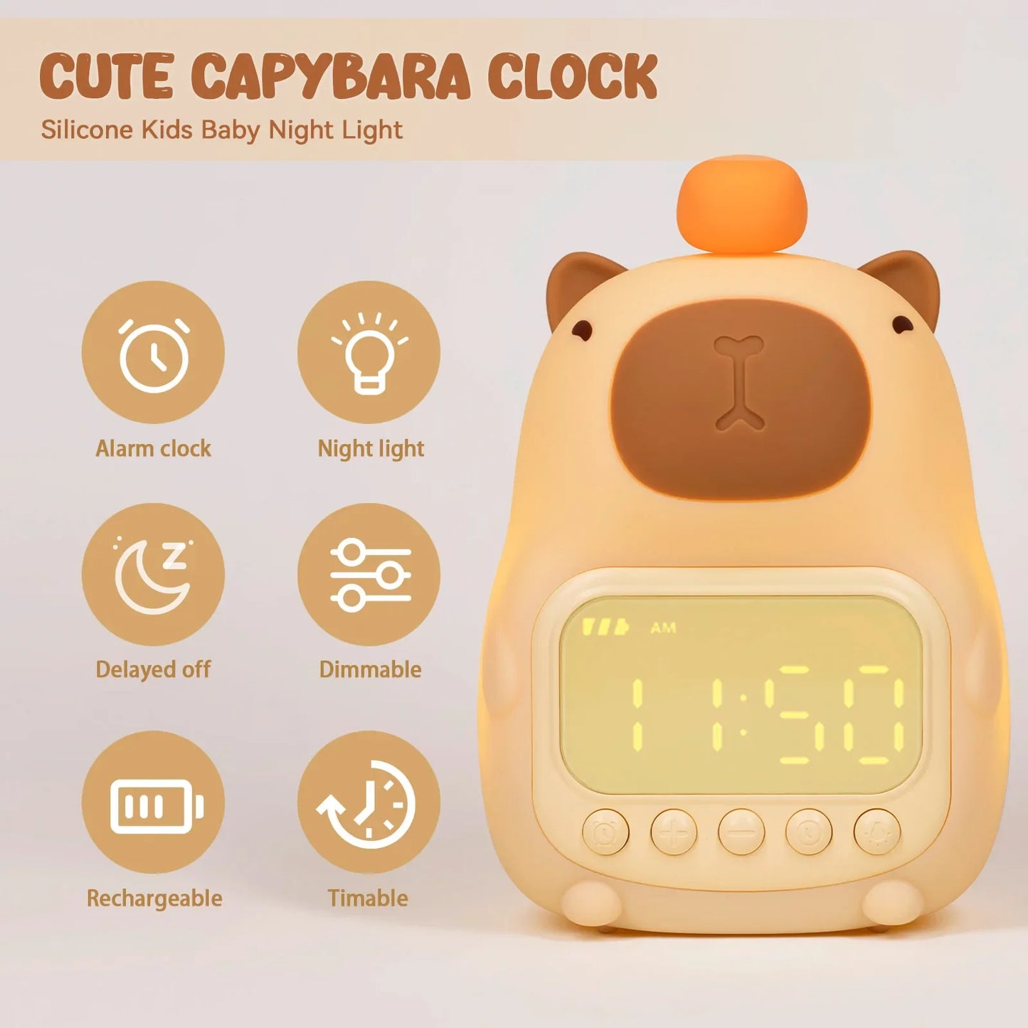 Cute capybara night light with digital alarm clock, touch snooze, and adjustable brightness, perfect for kids' rooms or as a unique gift.