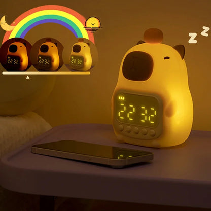 Cute capybara night light with digital alarm clock, touch snooze, and adjustable brightness, perfect for kids' rooms or as a unique gift.