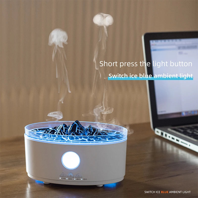 Volcano Humidifier, 300ML Essential Oil Diffuser with Jellyfish Mist and 3 Color Lights, Remote Controlled - Cracked Black