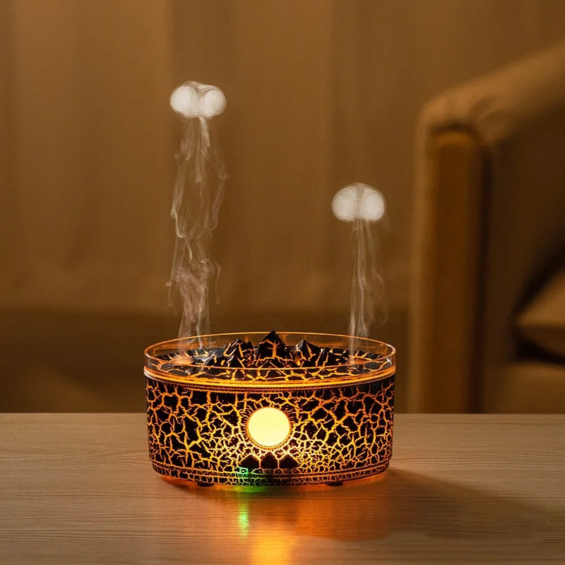 Volcano Humidifier, 300ML Essential Oil Diffuser with Jellyfish Mist and 3 Color Lights, Remote Controlled - Cracked Black