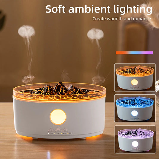 Volcano humidifier, 300ML essential oil diffuser with jellyfish mist, 3 color LED lights, and remote control for home and office.