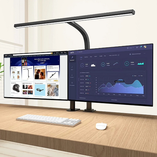 Architect LED Desk Lamp with ultra-wide 31.5-inch light bar, perfect for illuminating a multi-monitor workstation.