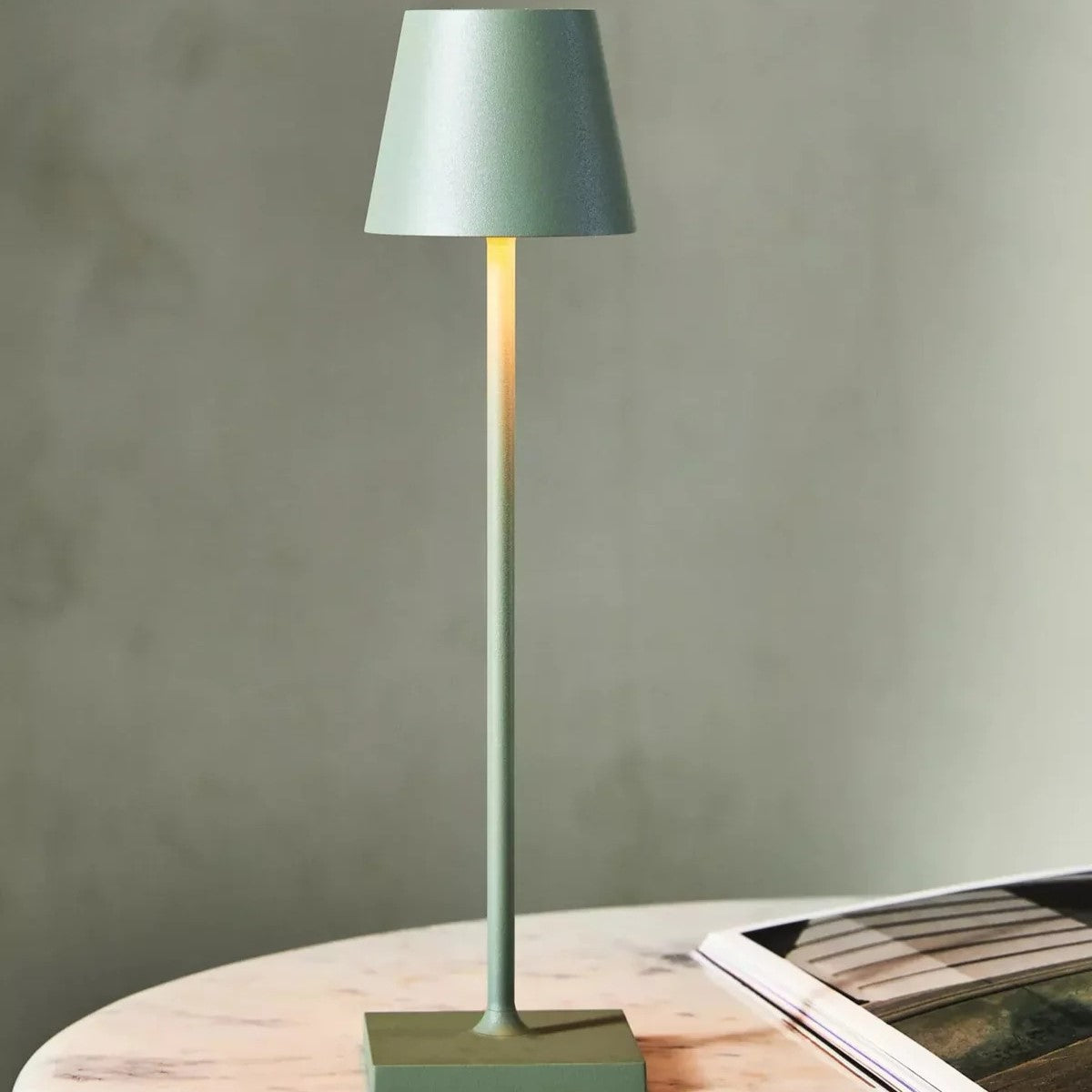 Modern dimmable tall table lamp with a sleek matte finish, touch-activated and USB-C rechargeable, providing adjustable warm lighting