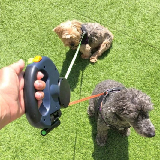 Dual Retractable Dog Leash – No-Tangle 360° Swivel Leash with Built-in Flashlight & Waste Bag Holder for Walking Two Dogs