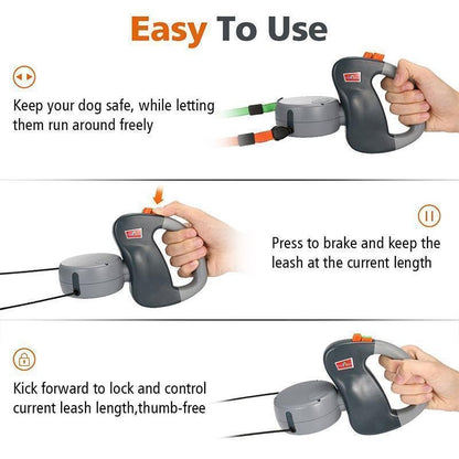 Furora Dual Dog Leash with Flashlight & Waste Bag Holder - Tangle-Free for Two Dogs