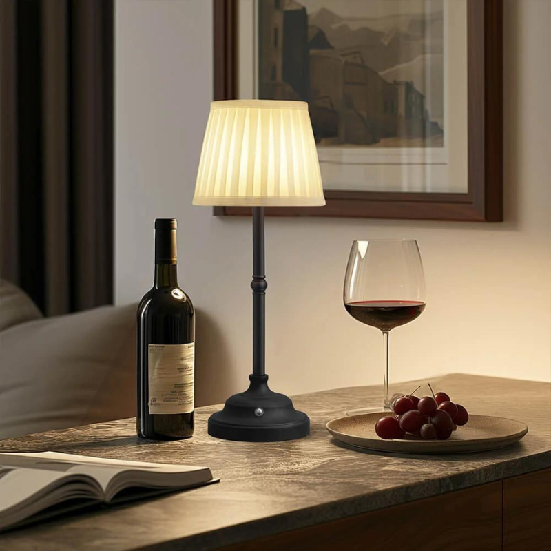 RoyaleGlow Cordless LED Fabric Table Lamp - Rechargeable, Touch Control, Memory Function - Black