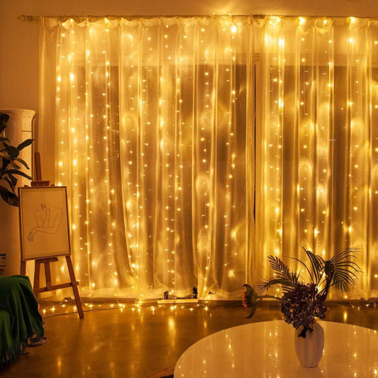 Warm white LED fairy curtain lights with remote control, dimmable, waterproof, perfect for indoor and outdoor decor, USB powered