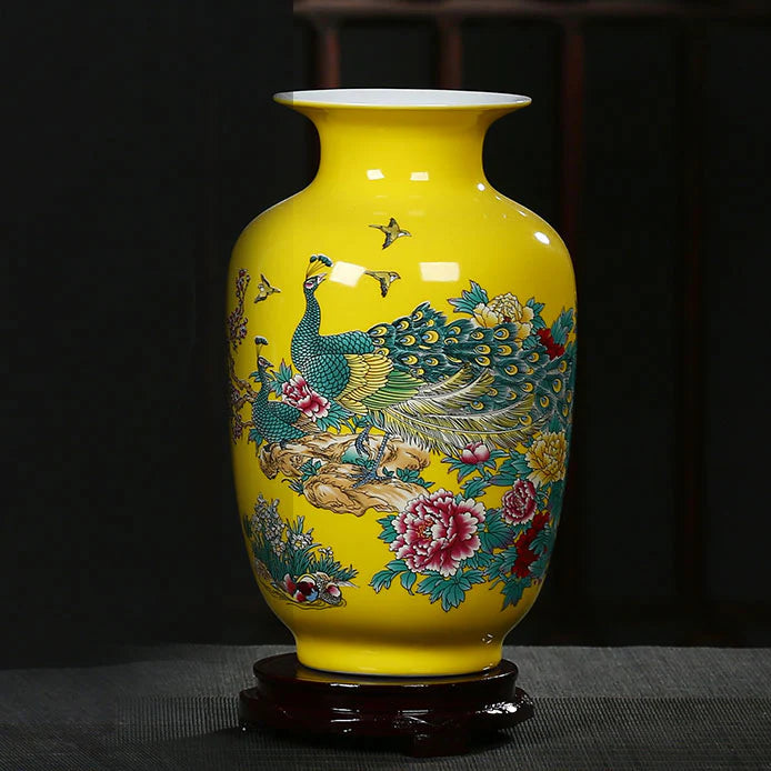 Royelux Jingdezhen Yellow Peacock Ceramic Vase – A Statement of Timeless Elegance