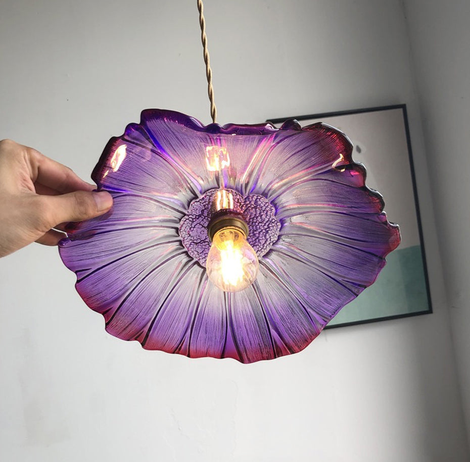 RoyaleGlow Charming Vintage Floral Glass Pendant Lamp - Elegant Lighting Fixture - Purple