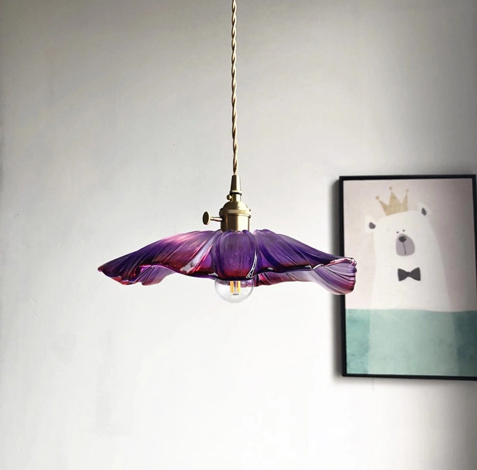 RoyaleGlow Charming Vintage Floral Glass Pendant Lamp - Elegant Lighting Fixture - Purple