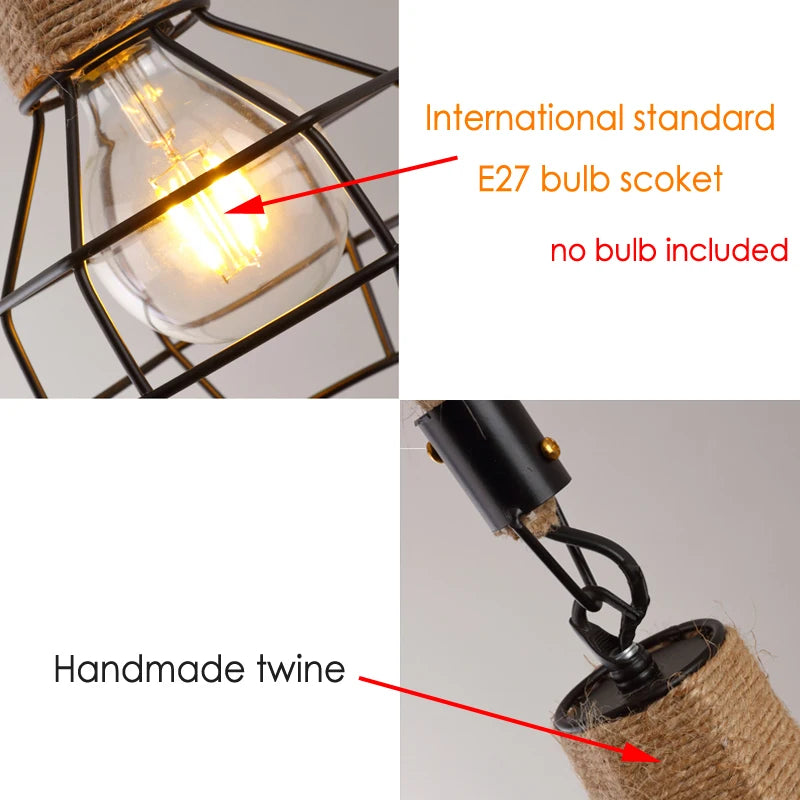 RoyaleGlow Vintage Hemp Rope Chandelier – Rustic Pendant Lamp for Dining & Cafe - Hanging Wire