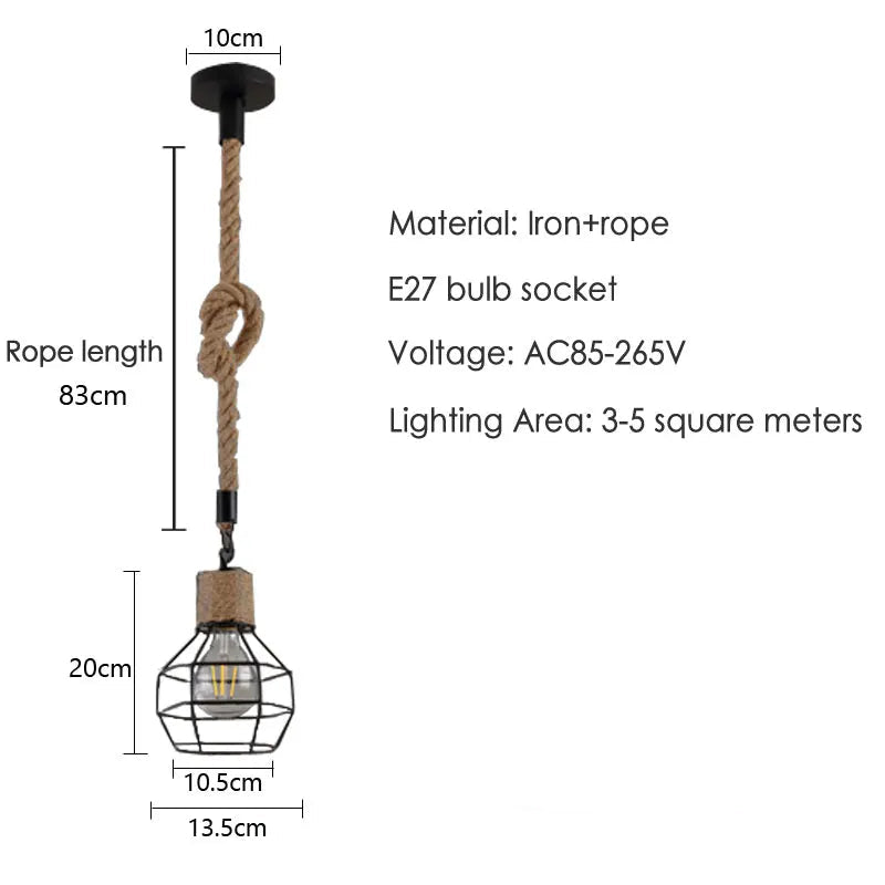 RoyaleGlow Vintage Hemp Rope Chandelier – Rustic Pendant Lamp for Dining & Cafe - Hanging Wire