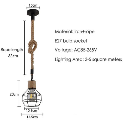 RoyaleGlow Vintage Hemp Rope Chandelier – Rustic Pendant Lamp for Dining & Cafe - Hanging Wire