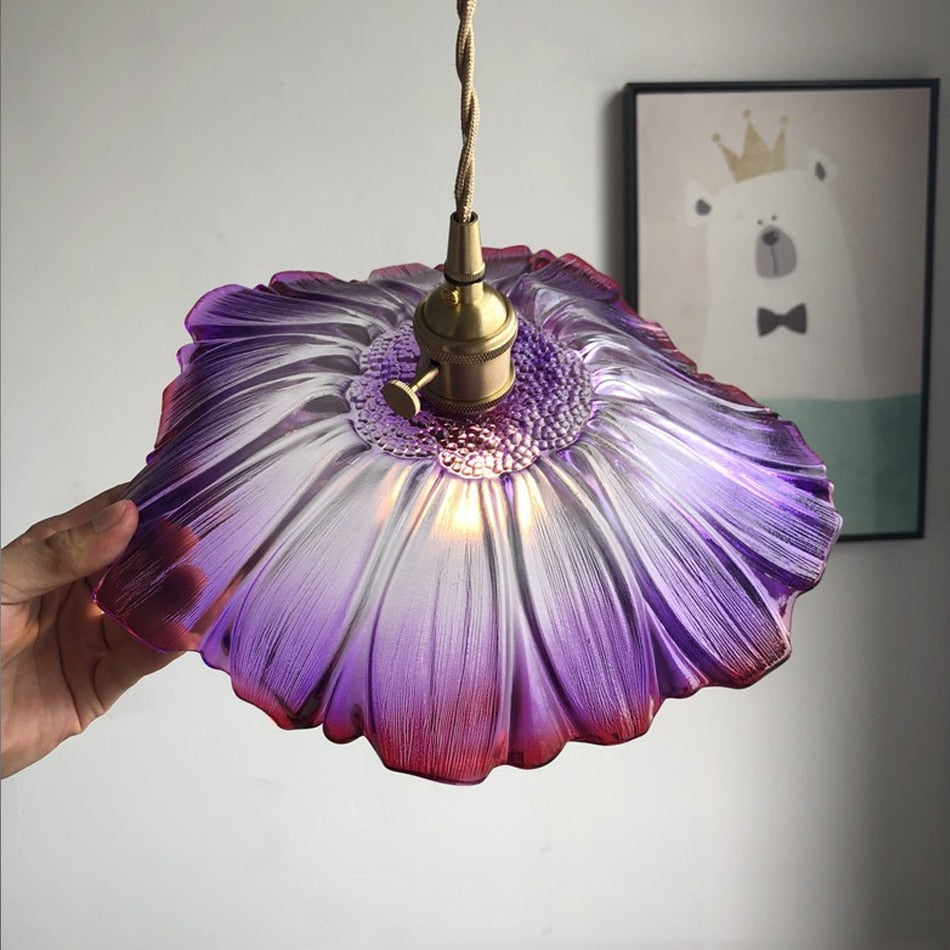 RoyaleGlow Charming Vintage Floral Glass Pendant Lamp - Elegant Lighting Fixture - Purple