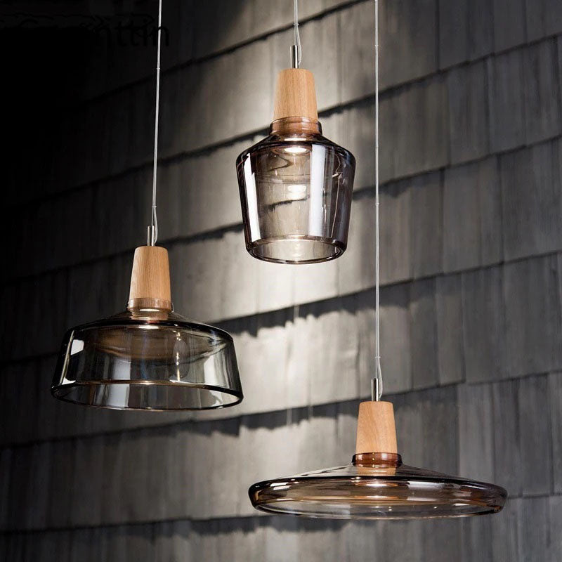 RoyaleGlow Vintage-Inspired Glass and Wood Pendant Lighting - Classic Elegance - Grey / Type A