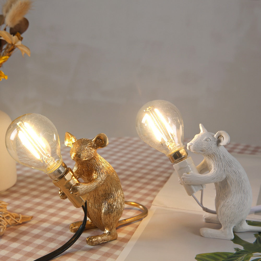 Royaleva Say Cheese Mouse Table Lamp - Artistic Resin LED Light Decor - White Standing