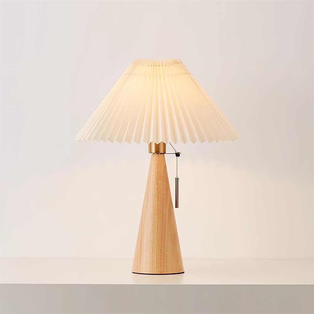 Modern Hokie Wood Table Lamp with conical walnut base and pleated shade, ideal for ambient lighting in bedroom or living room.