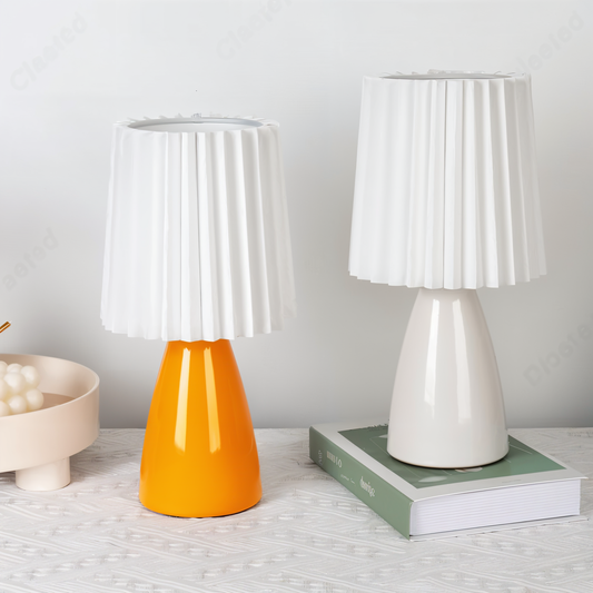 Royallure ConePleated LED Ceramic Table Lamp - Elegant Milkshake Design - Orange & White / USB Rechargeable