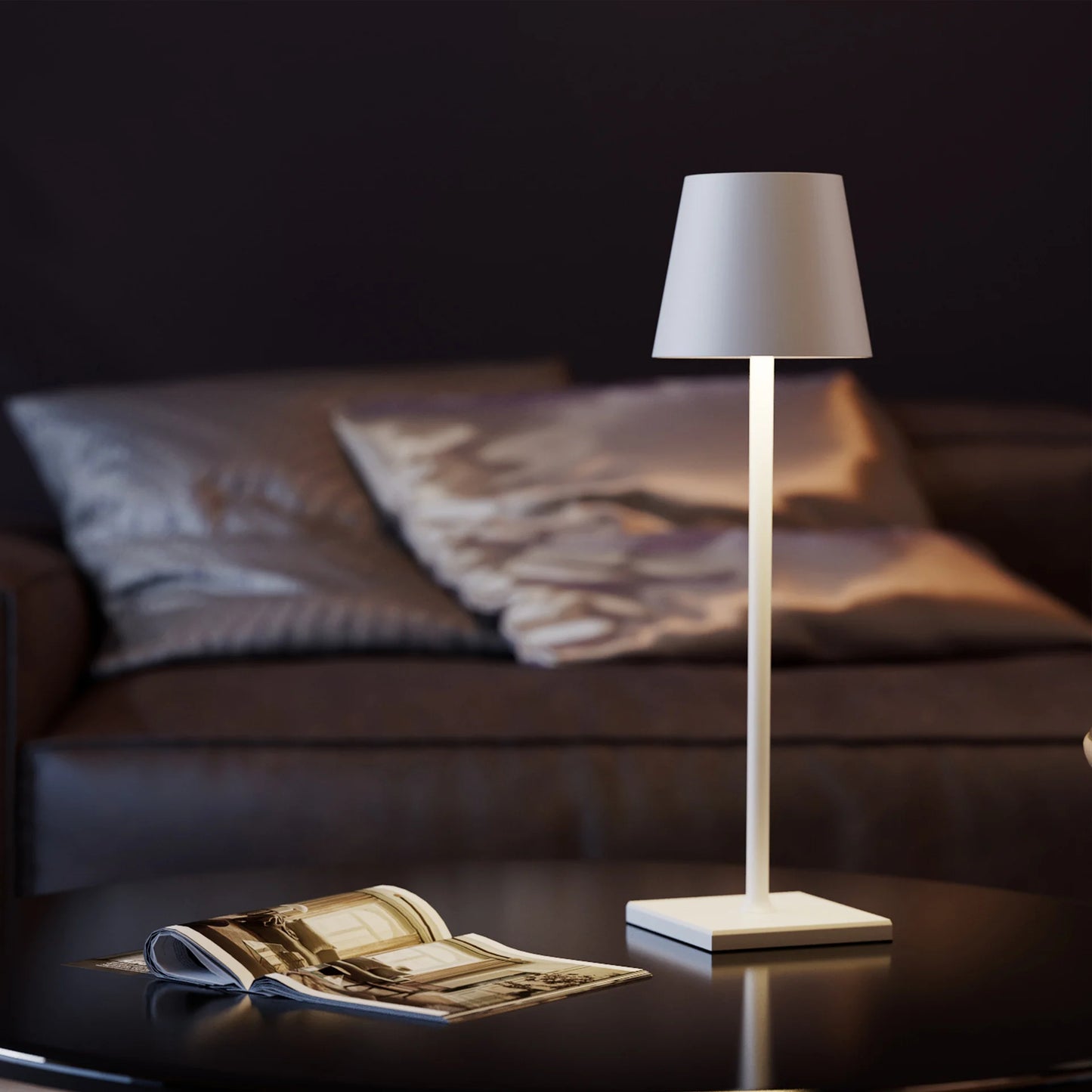 Elegant cordless table lamp with touch control and rechargeable battery, perfect for indoor and outdoor settings.