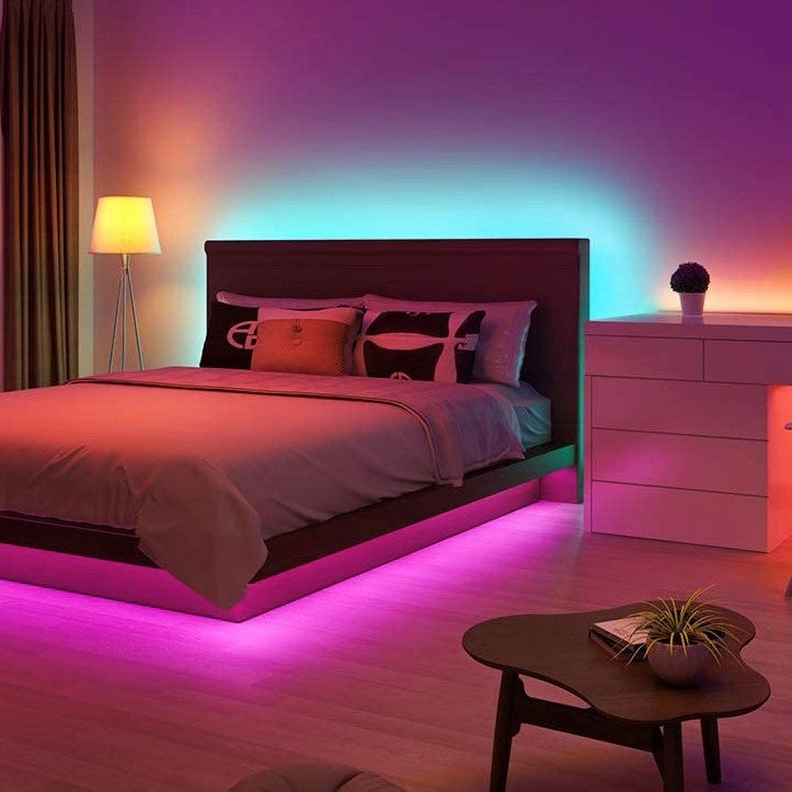 RGB LED strip lights with customizable colors, remote control, and easy installation for home decor.