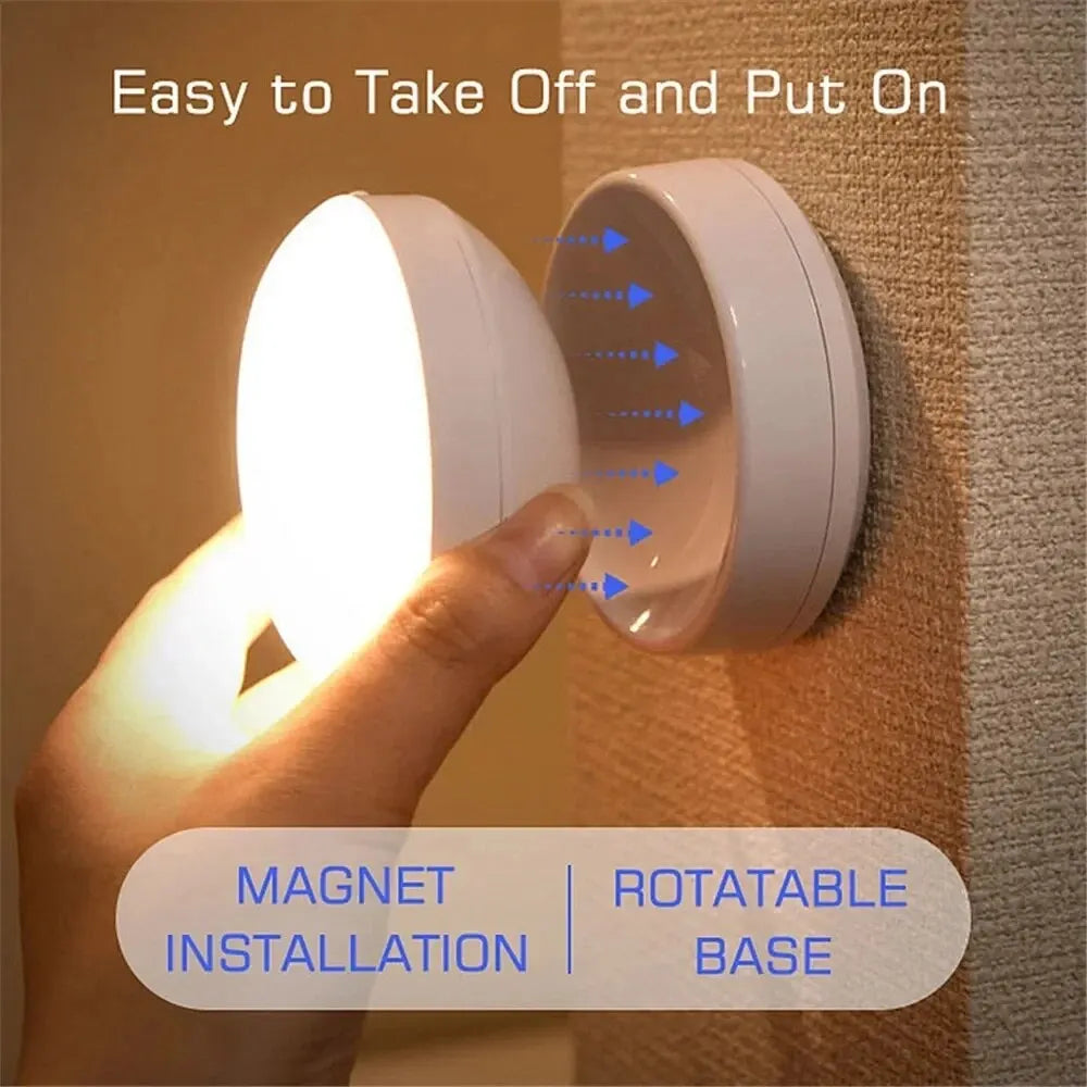 LED magnetic wall light with motion sensor, mounted on a wall near a wardrobe, detecting motion from up to 4 meters.