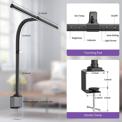 Royaleva Architect LED Desk Lamp - Wide-Area Clamp Light with Adjustable Dimming - Black