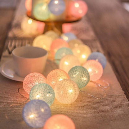 Colorful cotton ball garland lights, USB/battery-powered, cozy decor for home and events