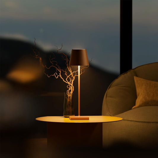 Modern dimmable tall table lamp with a sleek matte finish, touch-activated and USB-C rechargeable, providing adjustable warm lighting