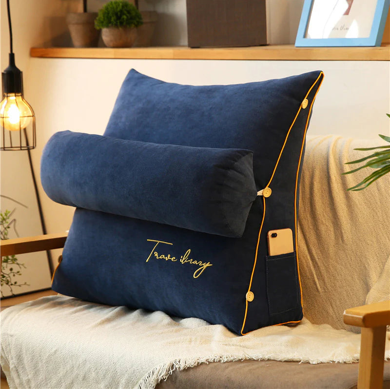 Royaleva Luxury Backrest Reading Pillow - Adjustable Plush Cushion with Headrest - Navy blue / 45x45x20cm