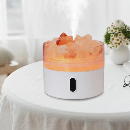 Salt lamp diffuser with ultrasonic mist technology, featuring Himalayan salt rocks and USB-powered night light, ideal for home aromatherapy and relaxation.