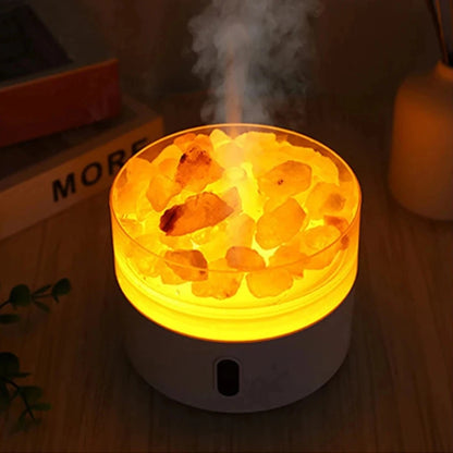 Salt lamp diffuser with ultrasonic mist technology, featuring Himalayan salt rocks and USB-powered night light, ideal for home aromatherapy and relaxation.