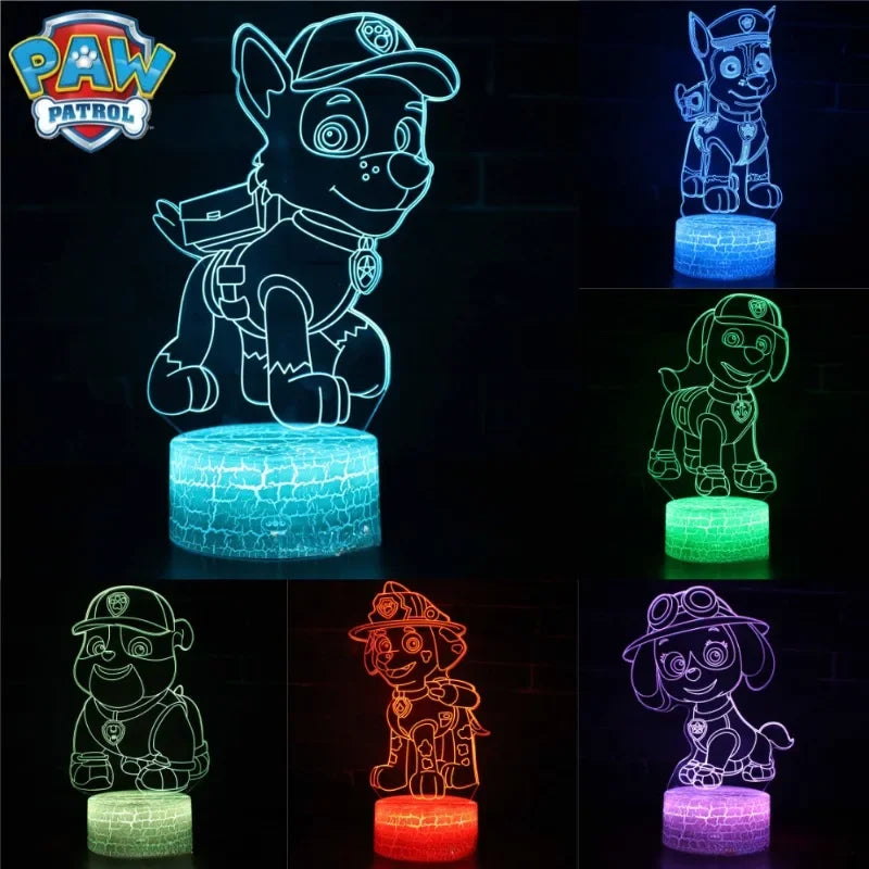 Paw Patrol 3D LED Night Light featuring Chase, Marshall, and Rocky - USB or Battery Powered Desk Lamp for Kids' Bedroom Decor.