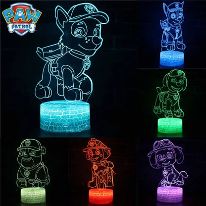 Paw Patrol 3D LED Night Light featuring Chase, Marshall, and Rocky - USB or Battery Powered Desk Lamp for Kids' Bedroom Decor.