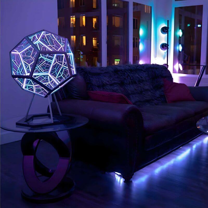 3D LED geometric lamp with adjustable color lighting, sci-fi inspired design, vibrant and immersive home decor light.