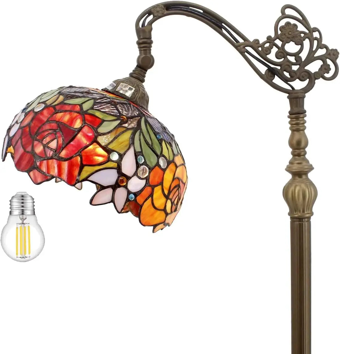 RoyaleGlow Tiffany Stained Glass Floor Lamp – Red Rose Arched Standing Light - Default Title