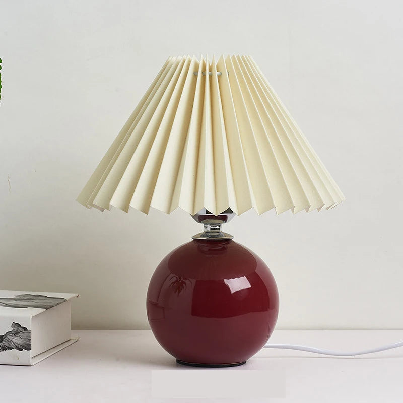 Vintage pleated table lamp with ceramic base and tricolored LED bulb, ideal for bedroom night light decor