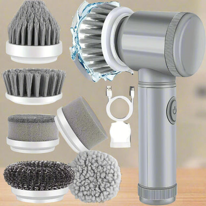 Cordless electric spin scrubber with rechargeable battery and 6 replaceable brush heads for versatile cleaning.