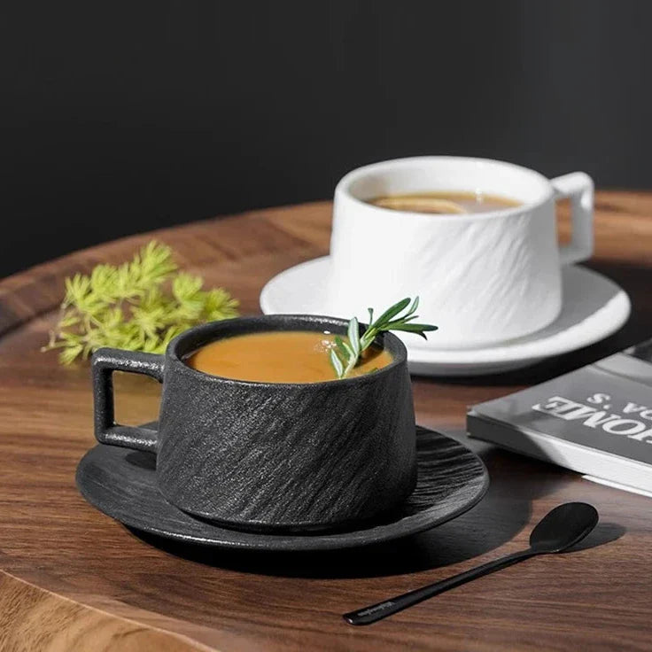 Japanese-inspired artisan coffee mug with a textured ceramic finish, perfect for coffee and tea lovers, combining elegance and functionality.