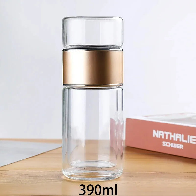 Royelux Glass Tea Bottle - 390ml Double-Layer Leakproof Tumbler with Tea Infuser