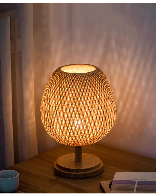 Royaleva Rattan Table Lamp with Stepless Dimming for Cozy Bedroom or Living Room Decor - Short-EU Plus