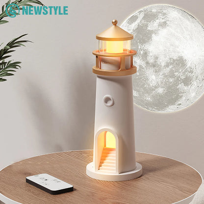 Lighthouse-shaped projection night light with Bluetooth speaker, dimmable LED lighting, moon projection, and motion-sensing features.