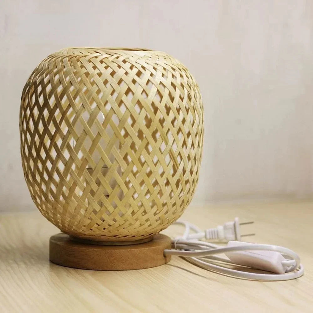 Handmade Rattan Table Lamp with Natural Wooden Base