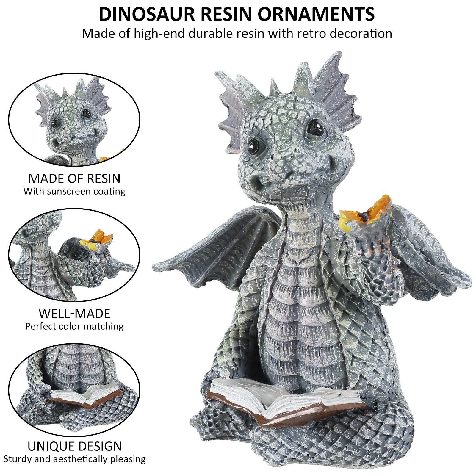 Dragon Reading Book Sculpture featuring a hand-painted resin figure of a dragon engrossed in a book, ideal for garden or indoor décor.