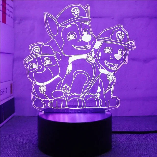 3D Paw Patrol LED Night Light featuring Chase, Marshall, and Rubble - Ideal for kids' bedroom decor and gifts.