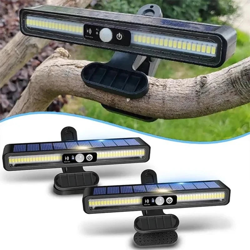 Clip-on solar motion fence light with 36 LEDs, adjustable angle, and weatherproof design, ideal for fences, decks, and outdoor security.