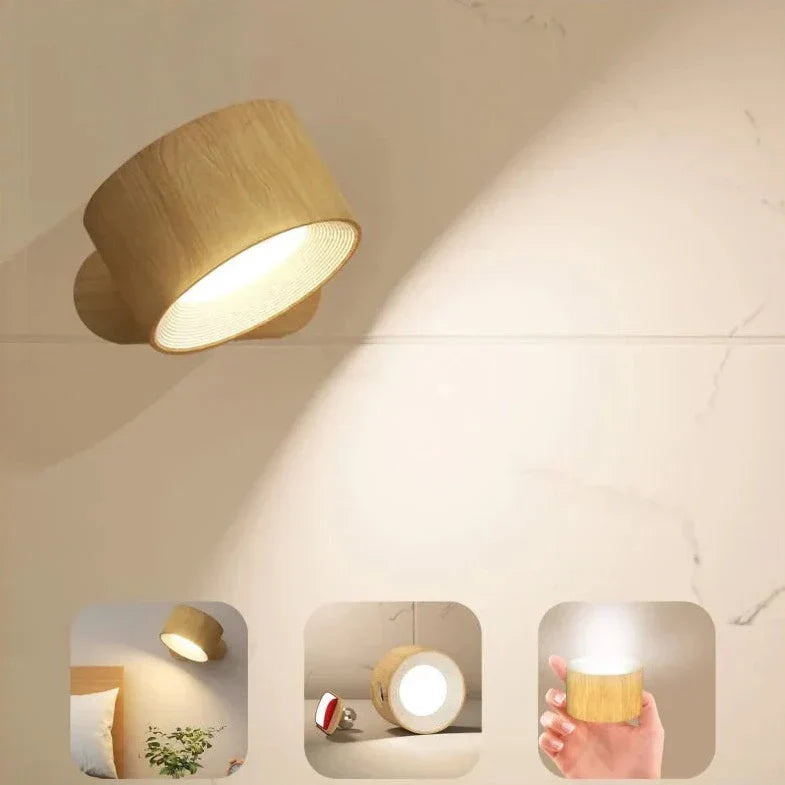 Spotlight Cordless Wall Lamp with 360° rotation, dimmable and rechargeable design for modern home decor.