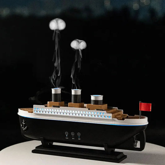 Essential Oil Diffuser in a ship model design with colorful LED lights and cool mist technology, perfect for relaxation and décor.